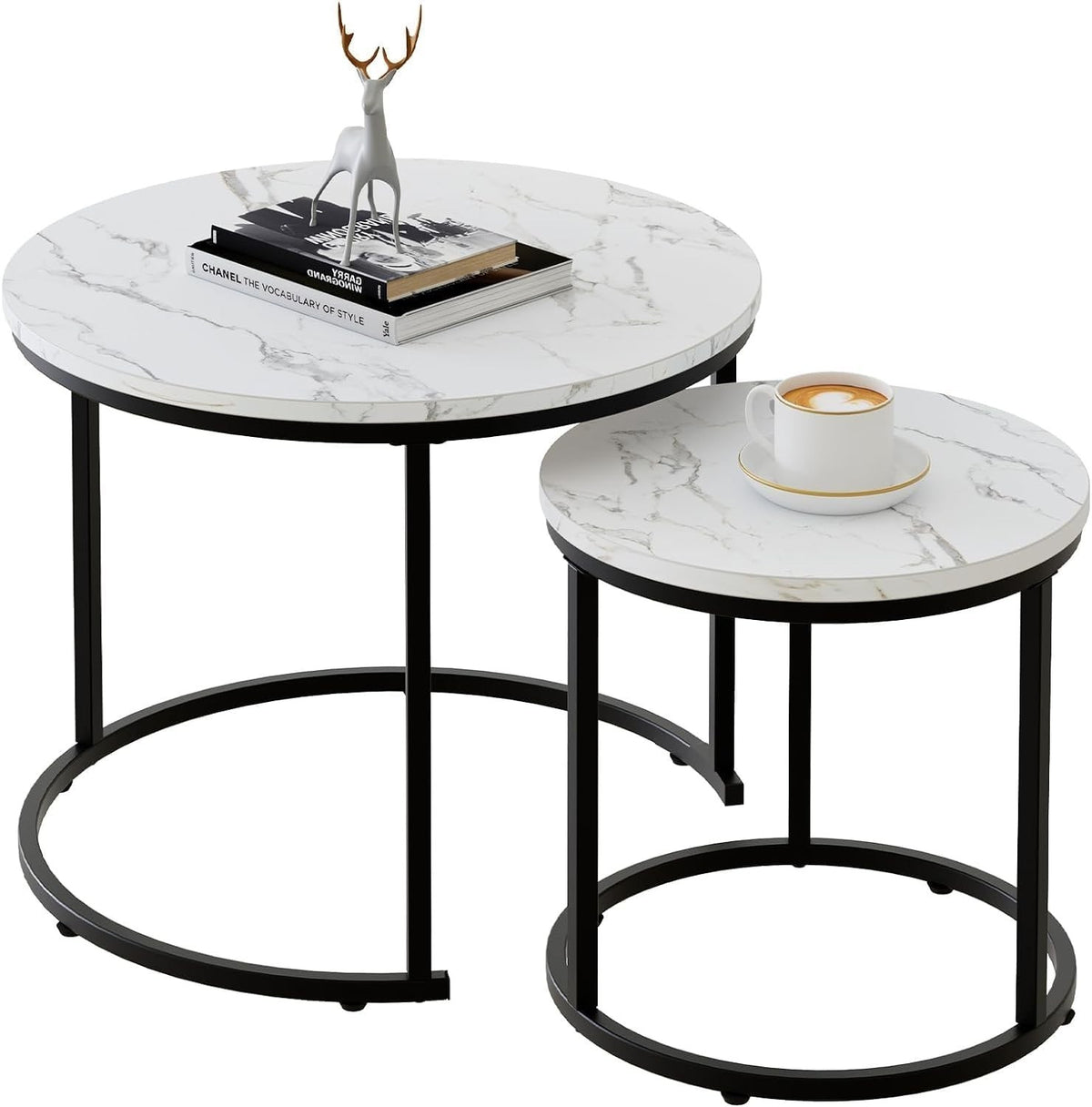 28" Round 2-Tier Coffee Table with Storage Shelves, Metal Frame Rustic Brown
