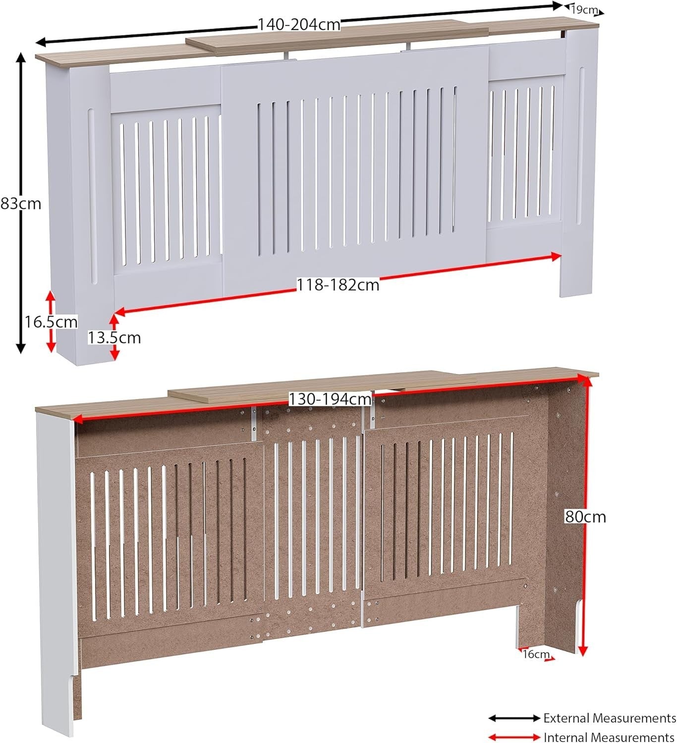 Adjustable White Radiator Cover Cabinet MDF Slatted Grill Modern Wooden Top
