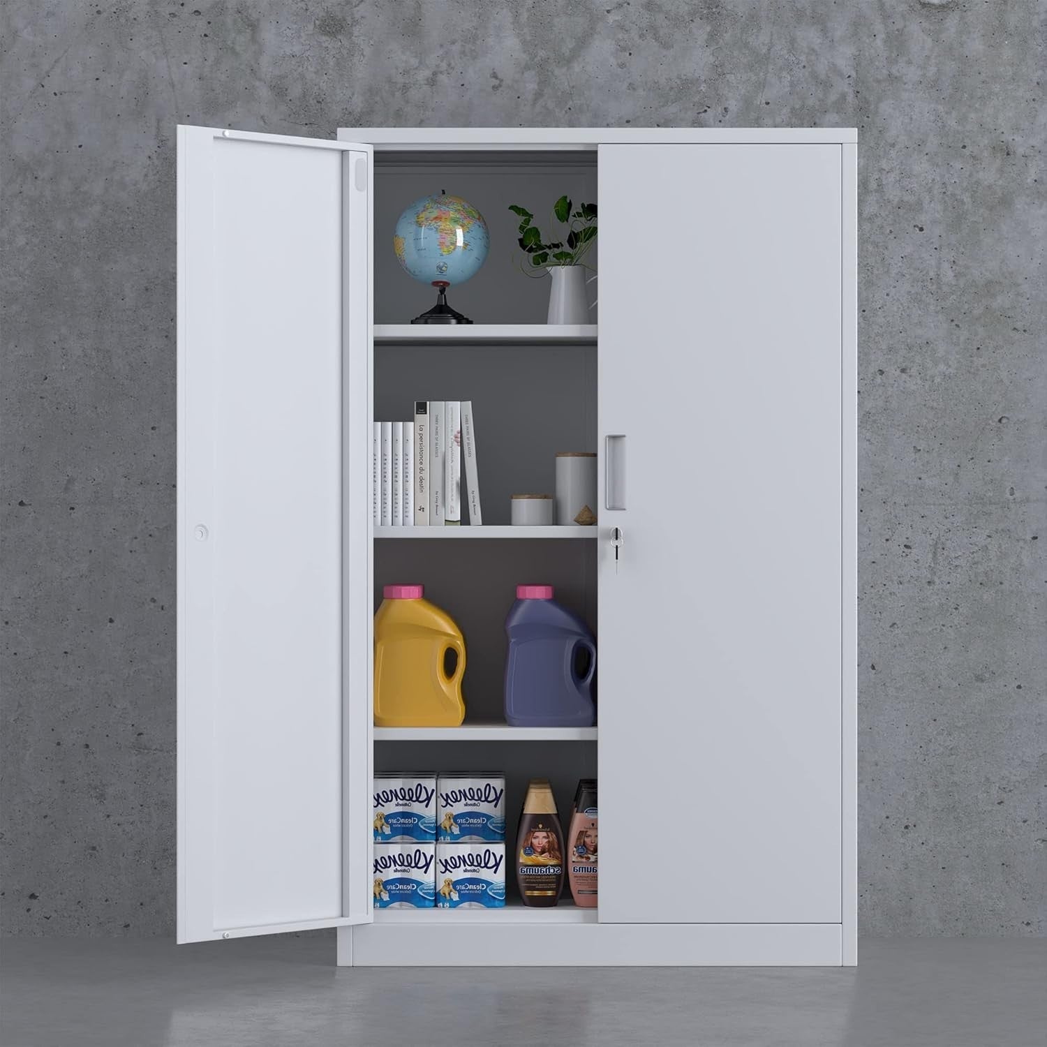 Metal Storage Cabinet with Lock & Shelves, 180cm Garage Cupboard White