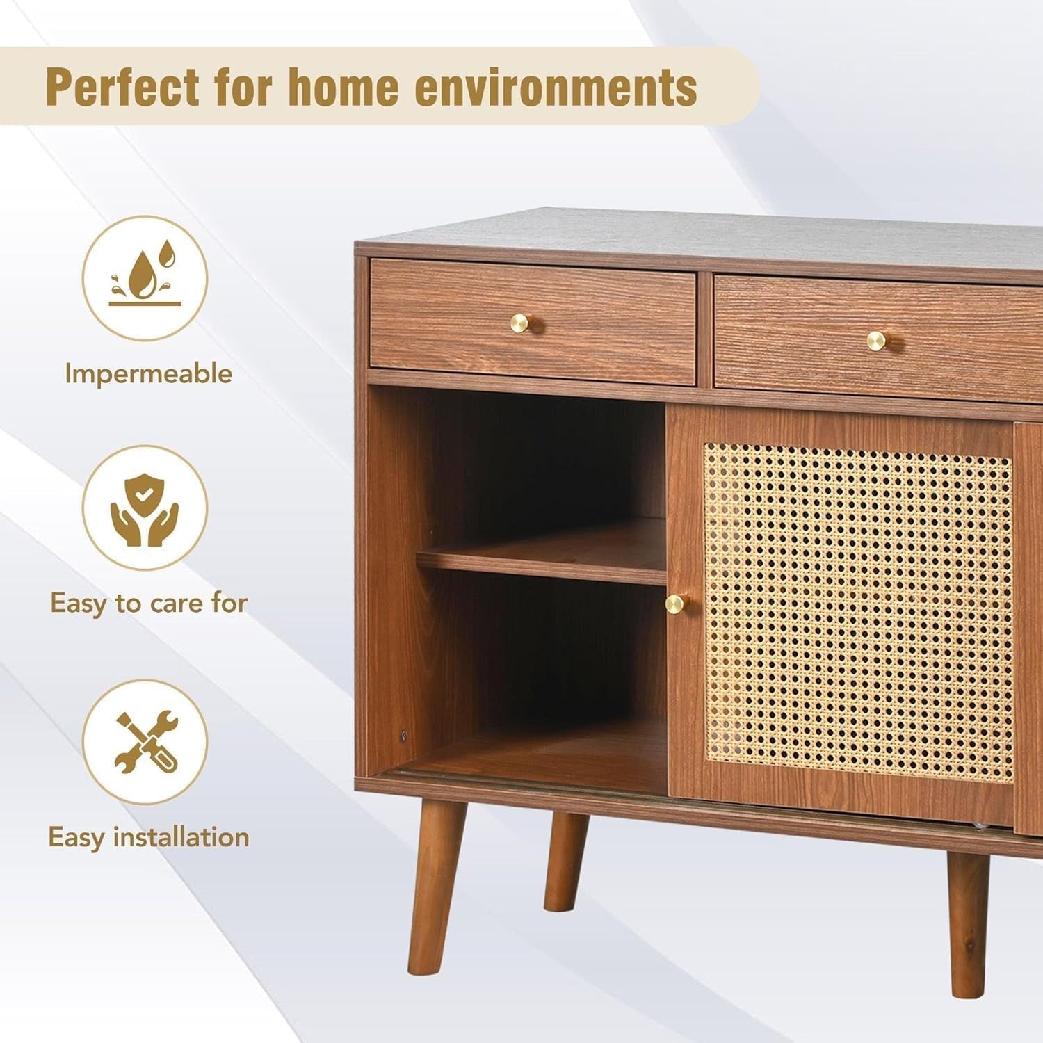 Modern Rattan Sideboard Cabinet 3 Drawers 2 Doors Walnut Storage Unit