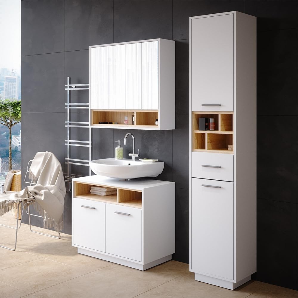 White Bathroom Sink Cabinet Vanity Storage Unit with Oak Shelves 80x64cm