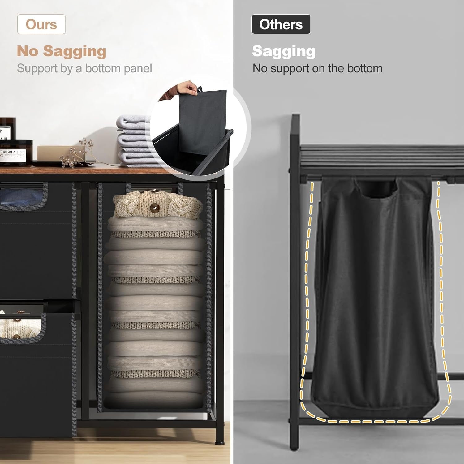 3 Compartment Laundry Basket Pull Out Hampers with Shelf Metal Frame