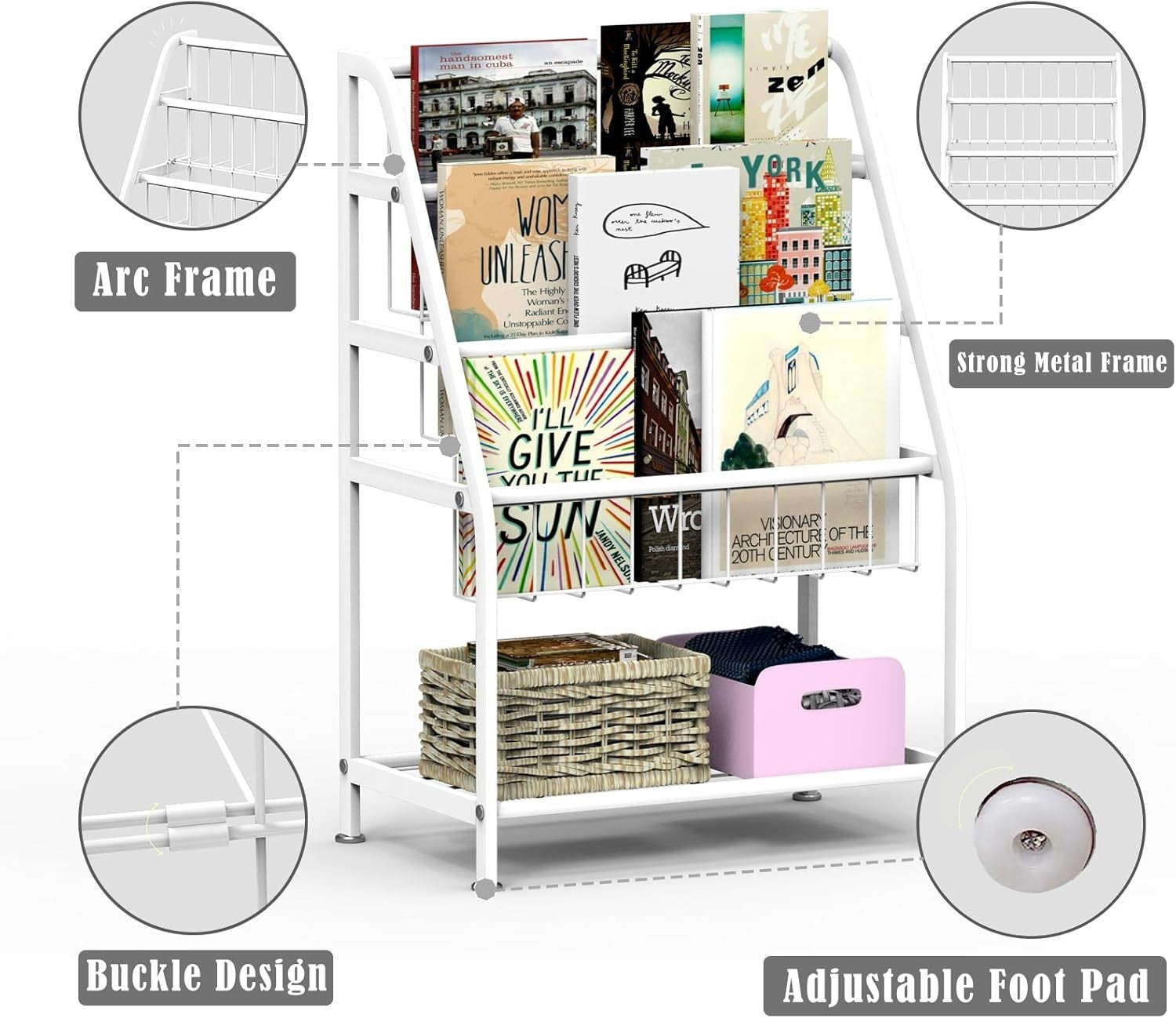 Kids Leaning Bookshelf & Toy Storage Rack – Durable Metal, Space Saving, White