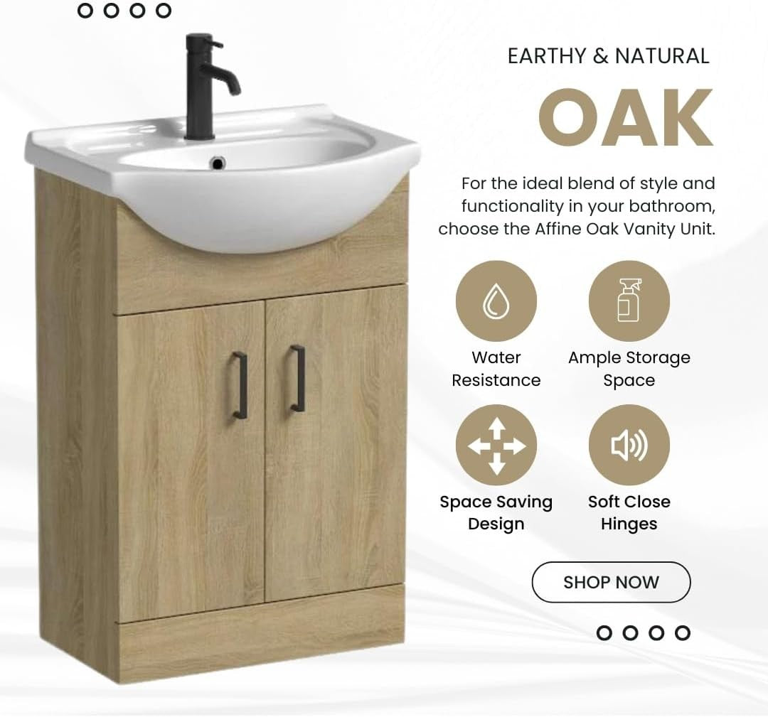 560mm Oak Effect Vanity Sink Unit – Freestanding Bathroom Basin Cabinet