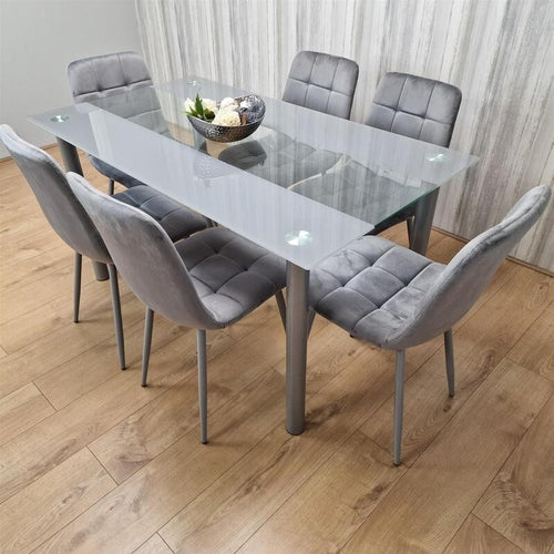 Glass Dining Table Set with 6 Grey Velvet Chairs Modern Kitchen 140cm