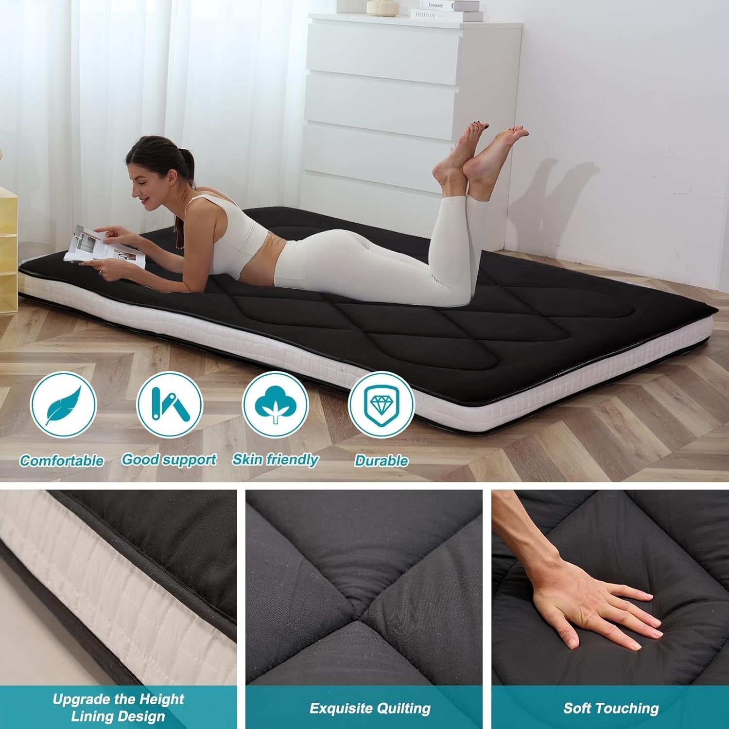 King Floor Futon Mattress 5-Layer Roll-Up Tatami Bed Camping Guest