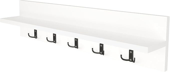 Wall Mounted Coat Rack 80cm White Shelf 5 Hooks Floating Entryway Storage