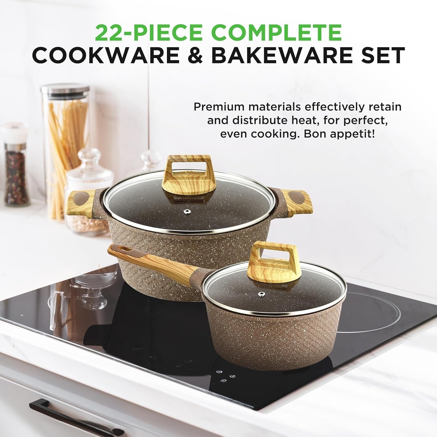 22pcs Maroon Marble Non Stick Cookware & Bakeware Set, PFOA-Free Marble Coating