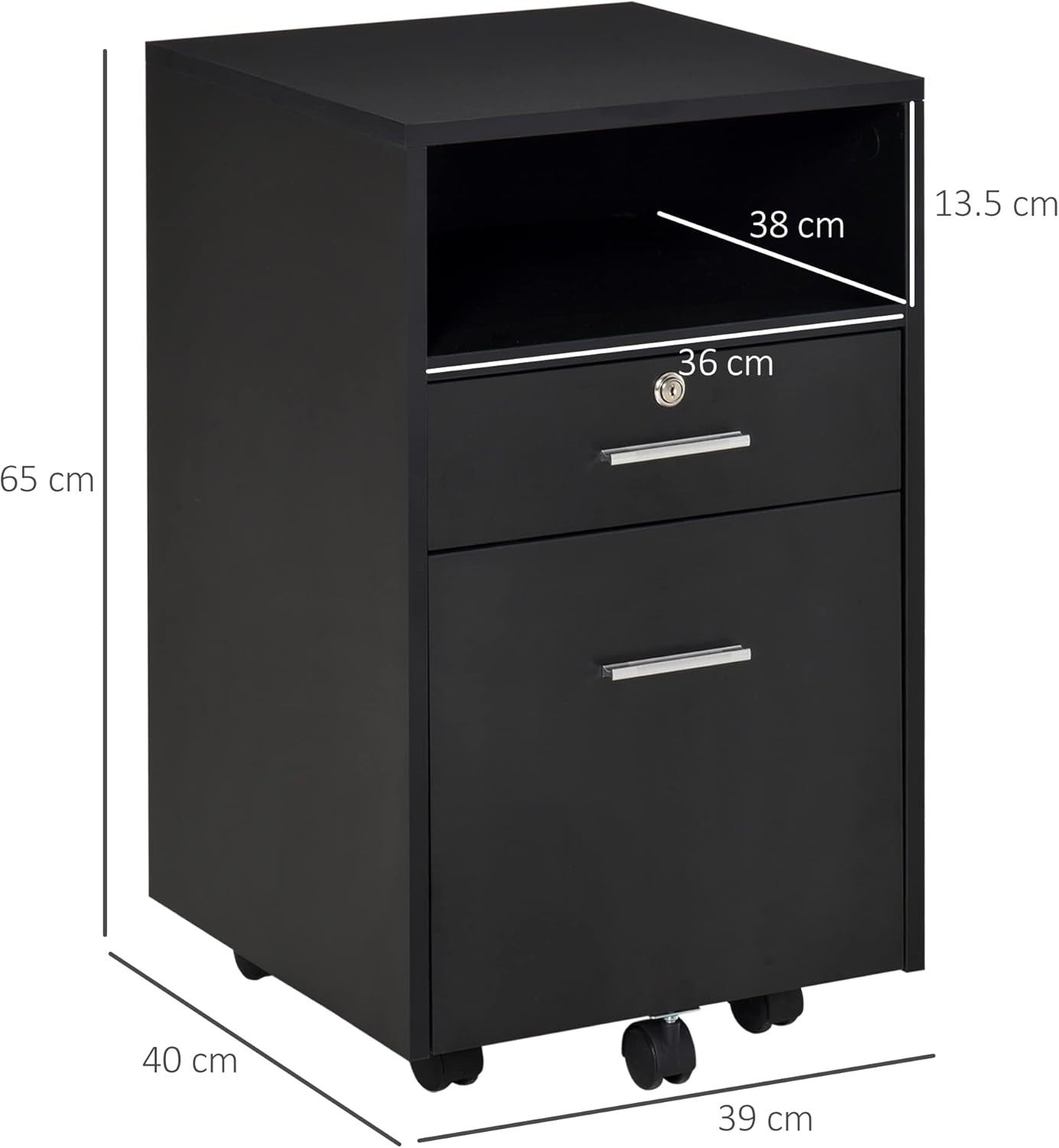 Black Lockable Mobile File Cabinet 39x40x65cm A4 Letter Storage