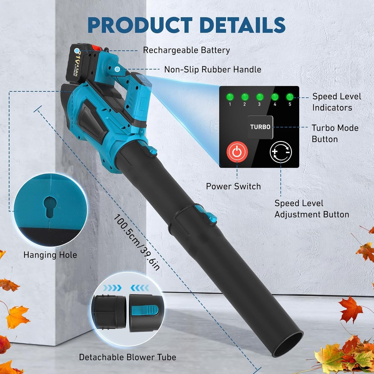 Cordless Leaf Blower 21V Dual Battery 5 Speed Turbo Handheld Garden