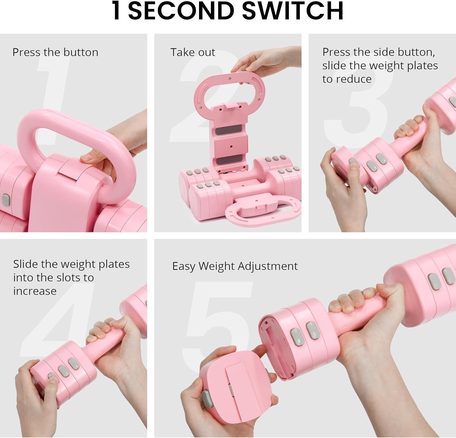 Pink 2-in-1 Adjustable Dumbbell Kettlebell Set Quick Change 2.2–5.5lb