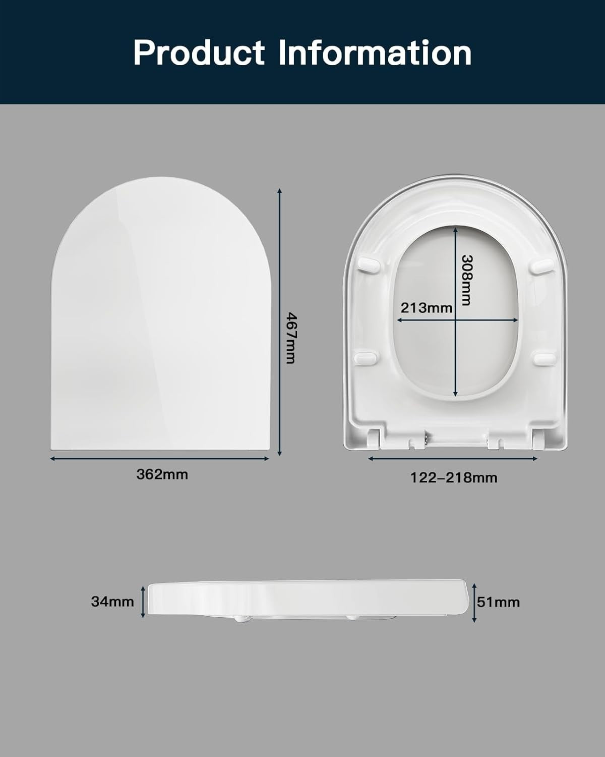 D Shape Toilet Seat Soft Close Quick Release Top Fix White Adjustable Stainless
