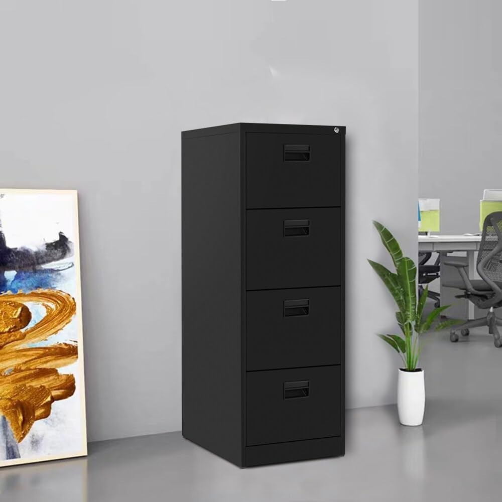 Black Metal Filing Cabinet 4 Drawer Lockable 132cm Office Storage