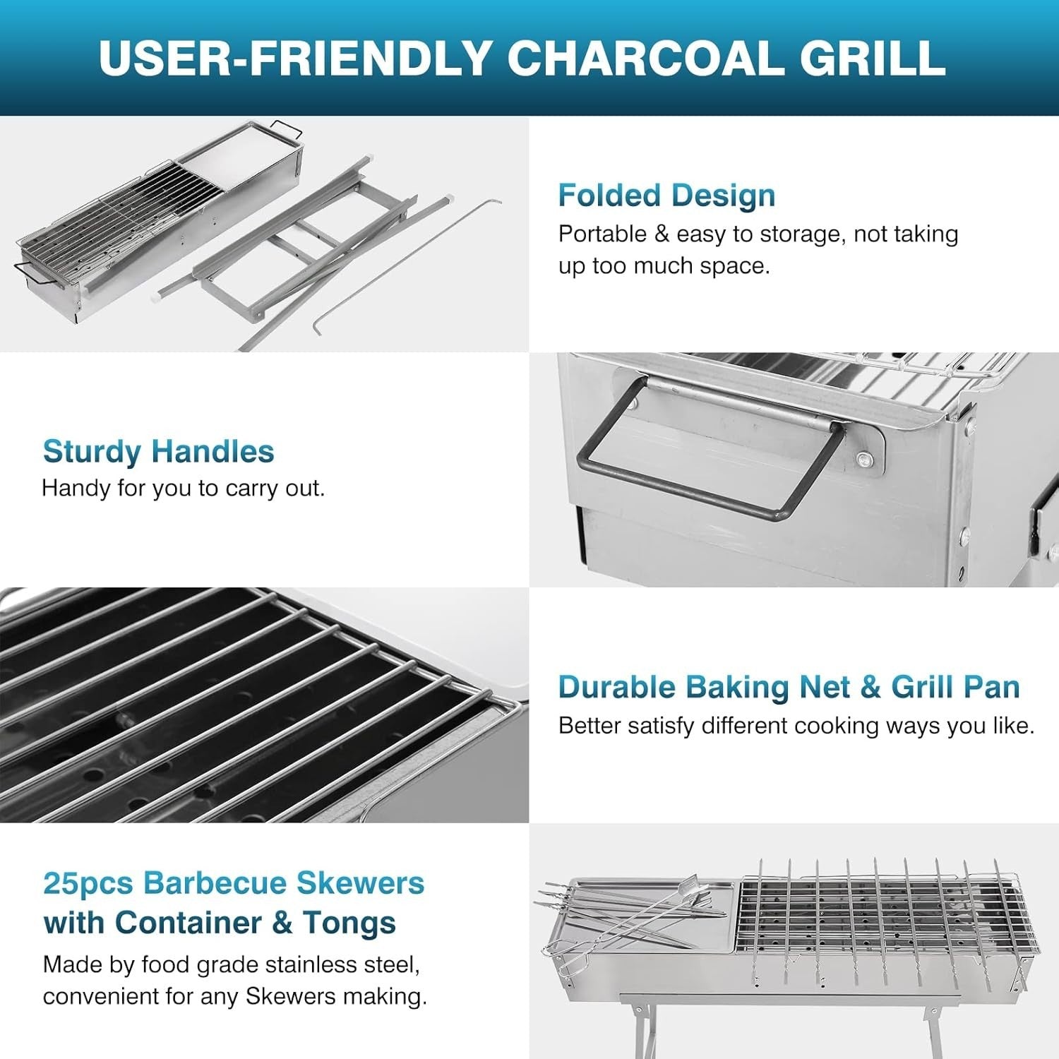 Portable Stainless Steel Charcoal BBQ Grill Folding Stand + 25 Kebab Skewers