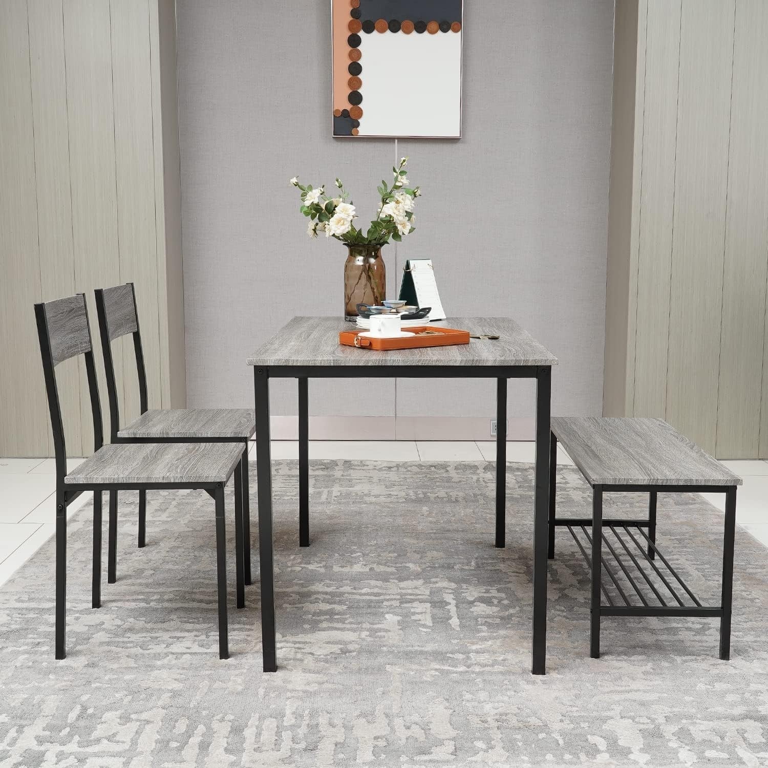 4-Piece Grey Dining Set with Bench & Chairs | Space Saving Kitchen Table