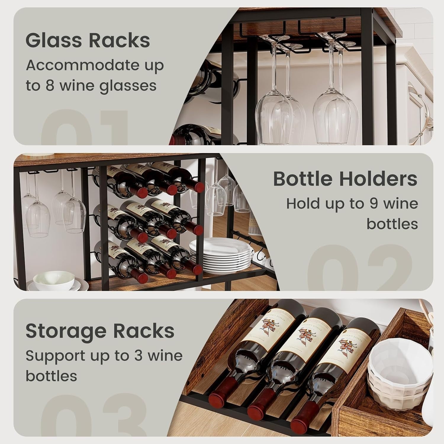 Vintage Brown 3 Tier Rolling Bar Cart 9 Bottle Wine Rack