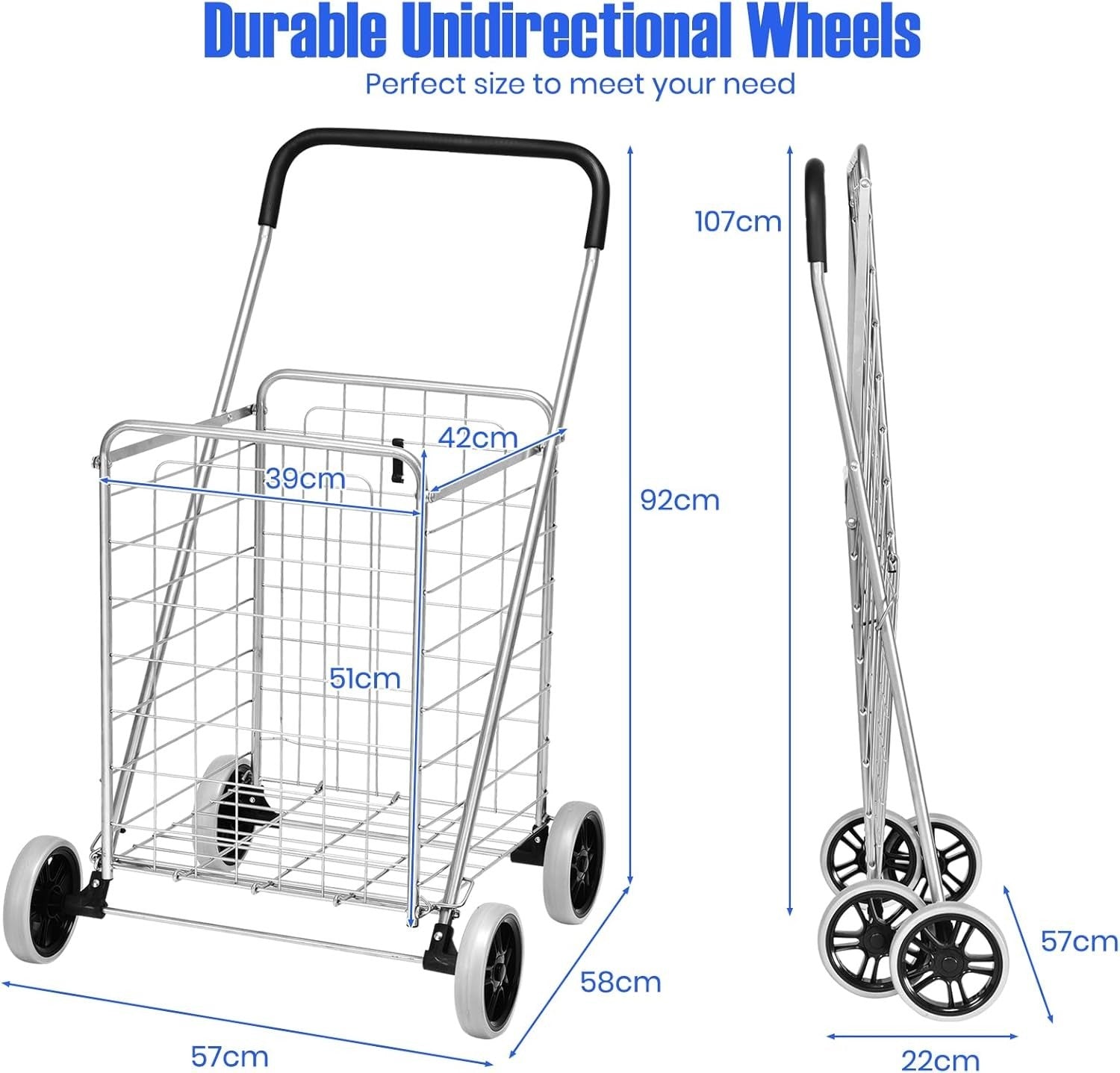 83L Folding Shopping Trolley Heavy Duty Metal Cart Grocery Push Wagon