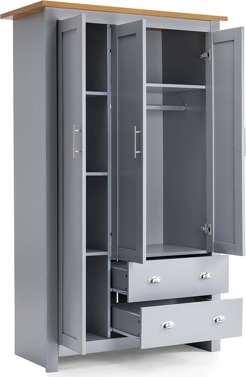 3 Door 2 Drawer Wardrobe Grey Oak Modern MDF Storage With Hanging Rail