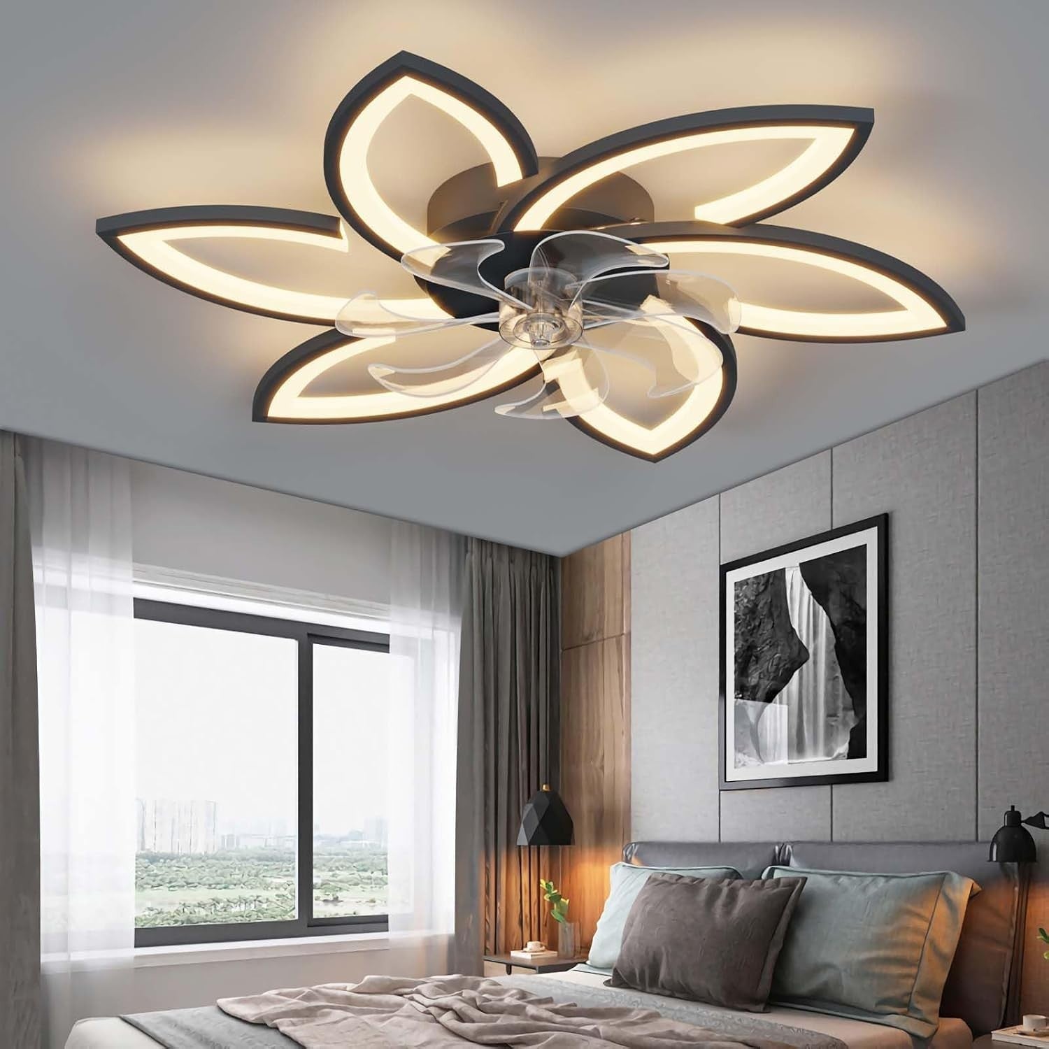 78CM Ceiling Fan with Light, 6-Speed, Remote, Silent DC, Black, LED