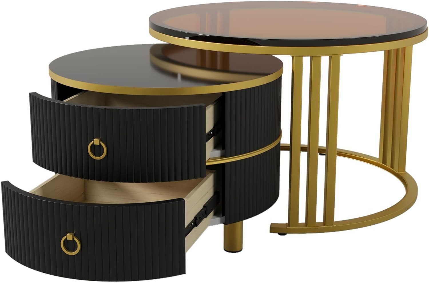 Round Nesting Coffee Tables Set with 2 Drawers, Brown Glass, Space-Saving