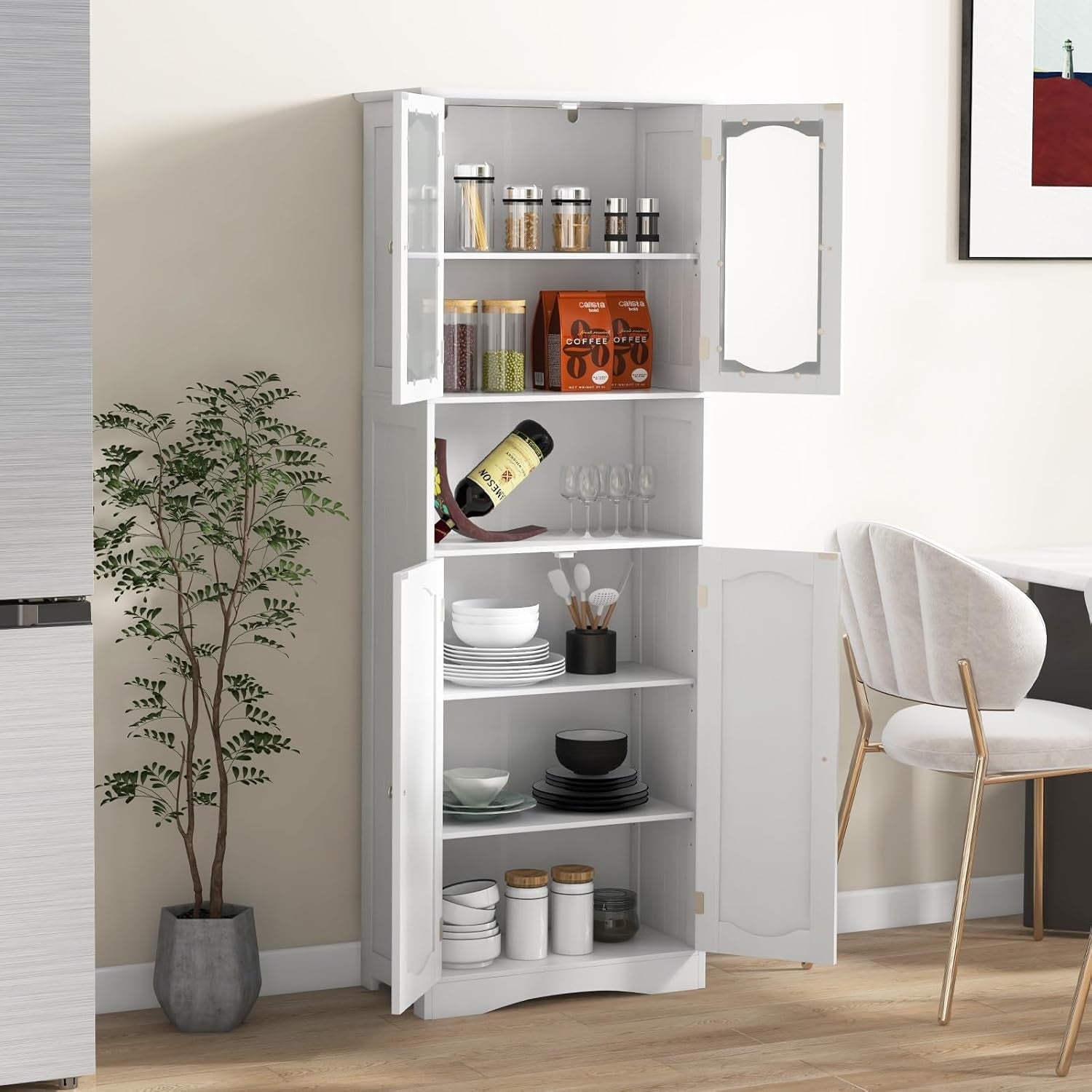 White Wooden Tall Bathroom Cabinet with Glass Doors Adjustable Shelves