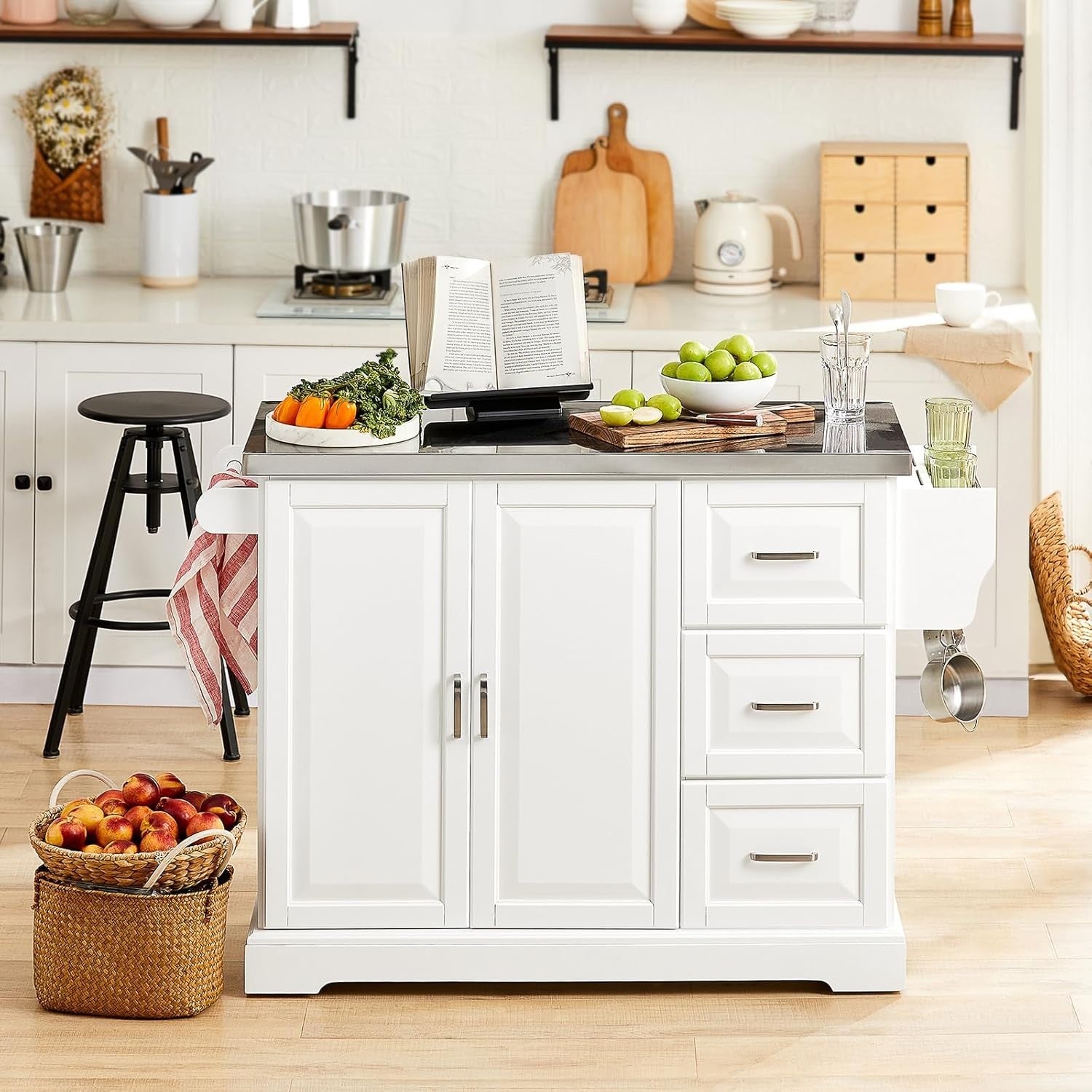 Extendable Kitchen Island on Wheels Stainless Steel Worktop Storage Cart