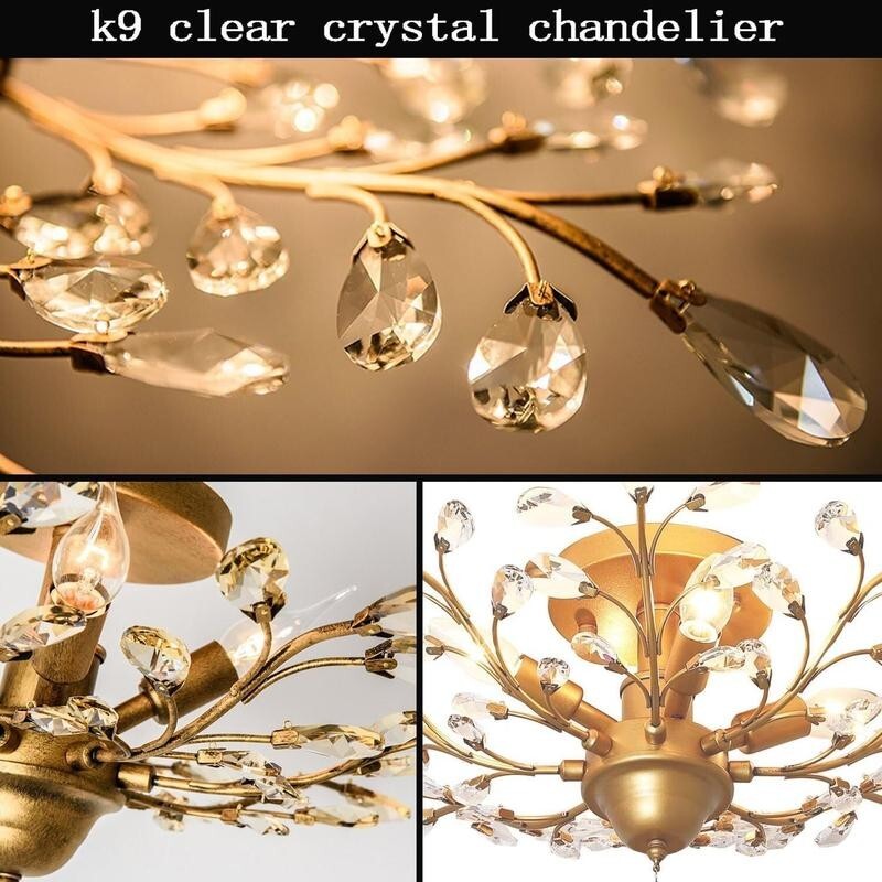 Gold Vintage Crystal Chandelier Flush Ceiling Light E14 Pendant 4-Light