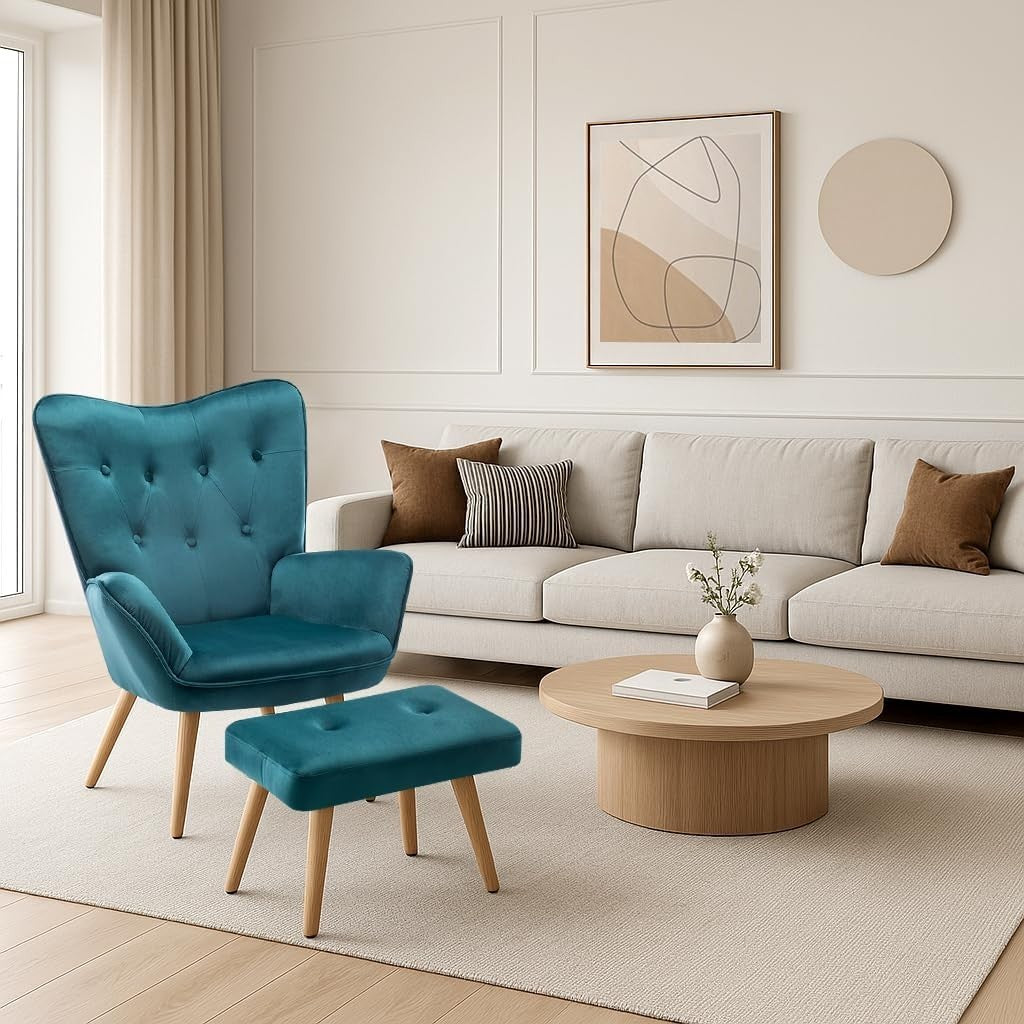 Teal Velvet Armchair with Footstool, Comfy Reading Lounge Chair Set