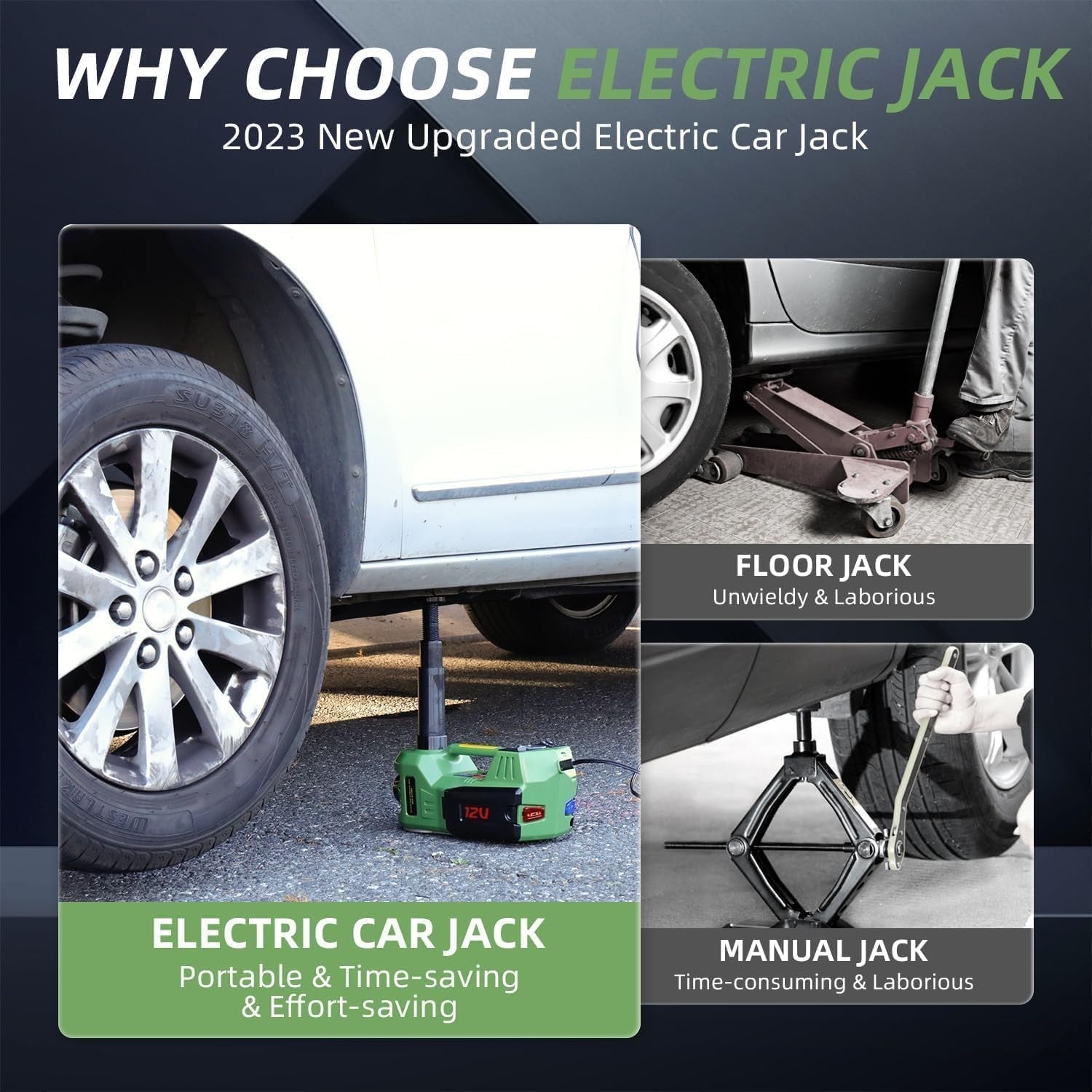 5 Ton Electric Hydraulic Car Jack 4-in-1 Lift Kit with Air Pump 15–17.7" Green