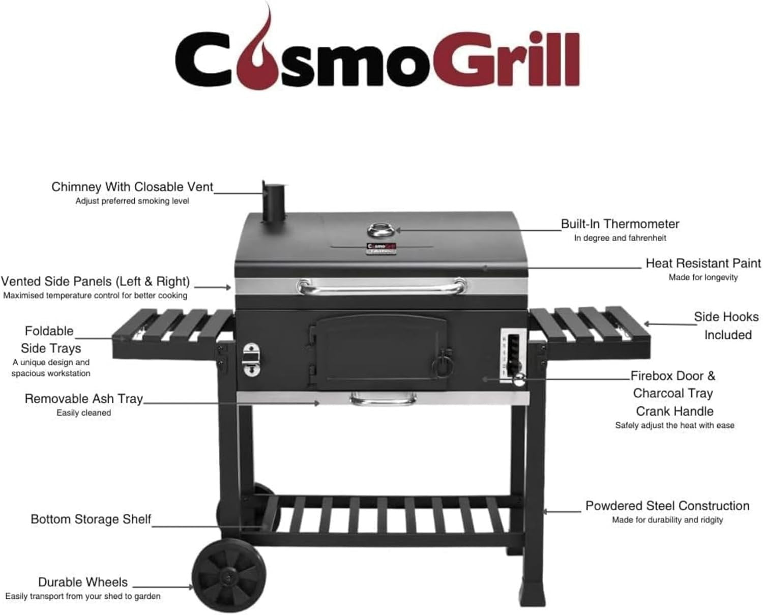 XXL Charcoal BBQ Smoker Grill with Thermometer, Warming Rack & Cover