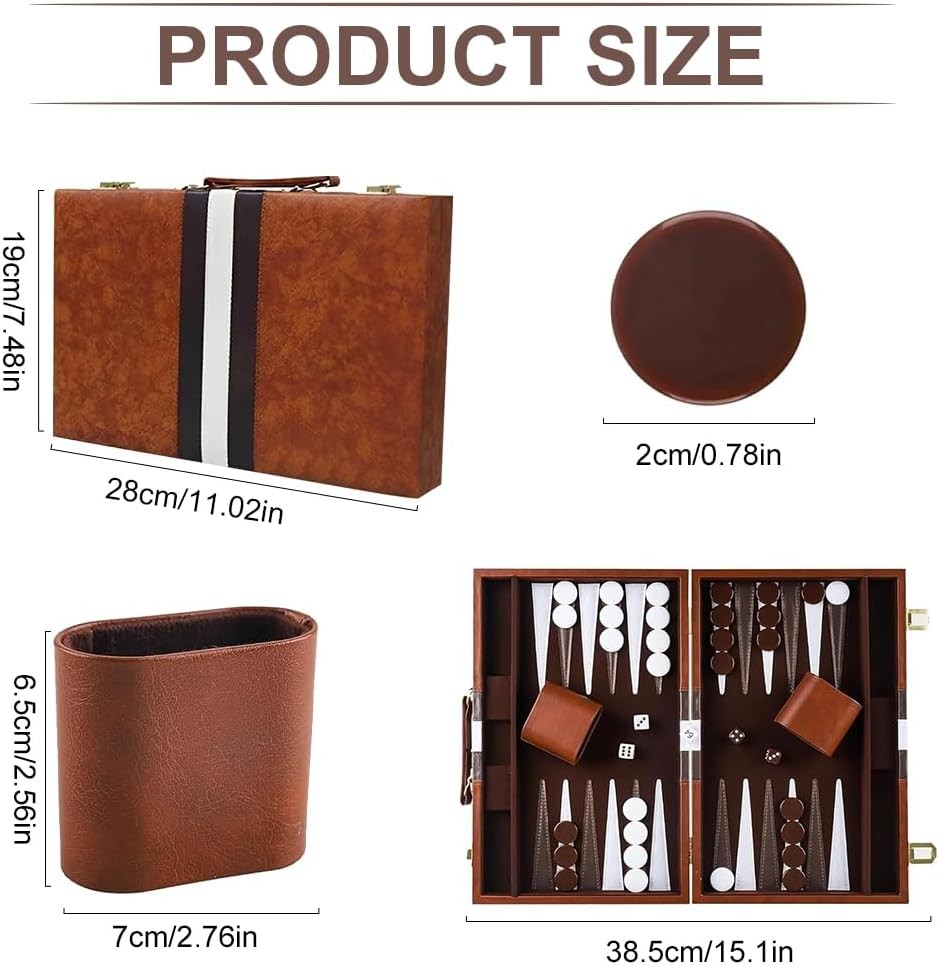 11 Inch Backgammon Set Leather Case Portable Travel Board Game Dice Cups