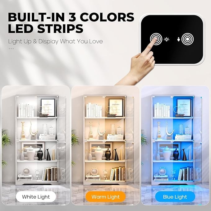 LED Display Cabinet with Glass Doors, 4-Tier Shelf, Sensor & 3-Color Lights