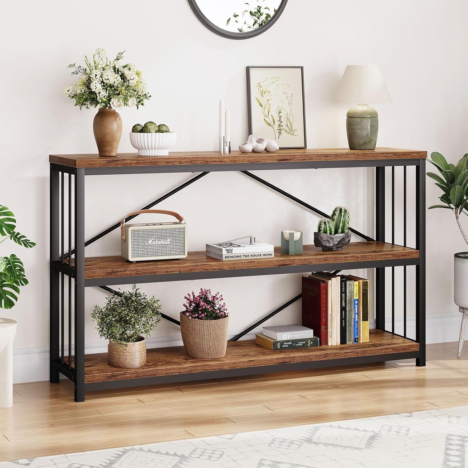 Rustic Industrial Console Table 3-Tier Storage Wood Metal 120x34x74cm