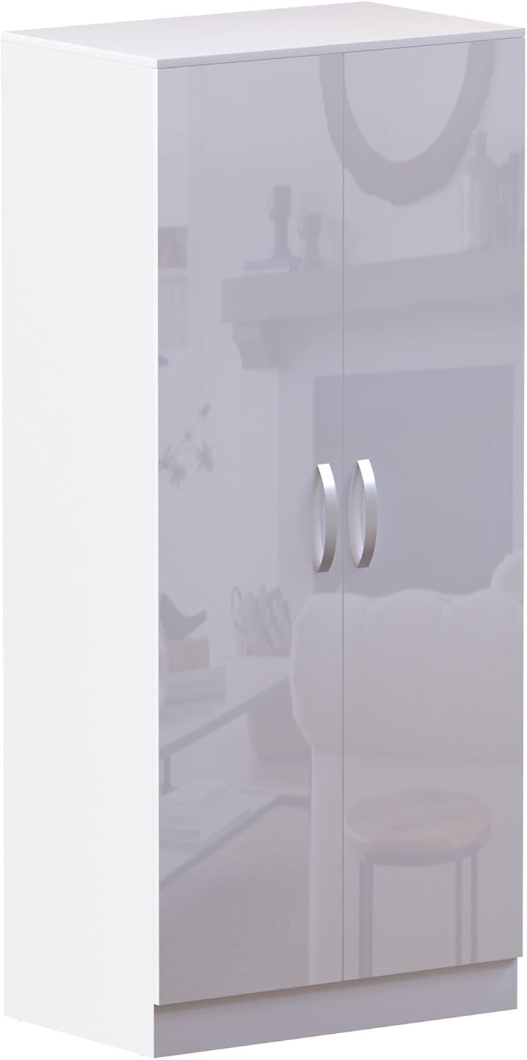 2 Door White Wardrobe High Gloss Finish Compact Clothes Storage Cabinet