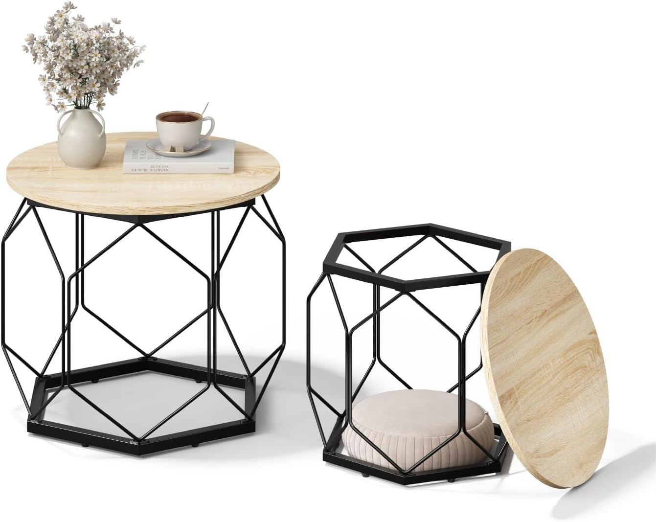 Round Coffee Tables Set of 2 – Sturdy Metal Frame, Light Oak Shelves, 40 & 50cm