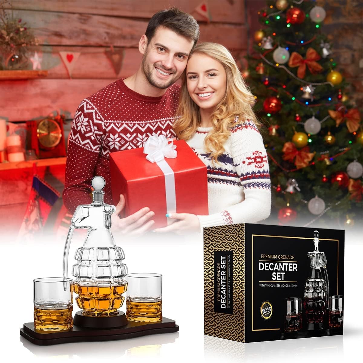 Bomb Whiskey Decanter Set 850ml with Glasses & Wooden Stand | Gift for Men
