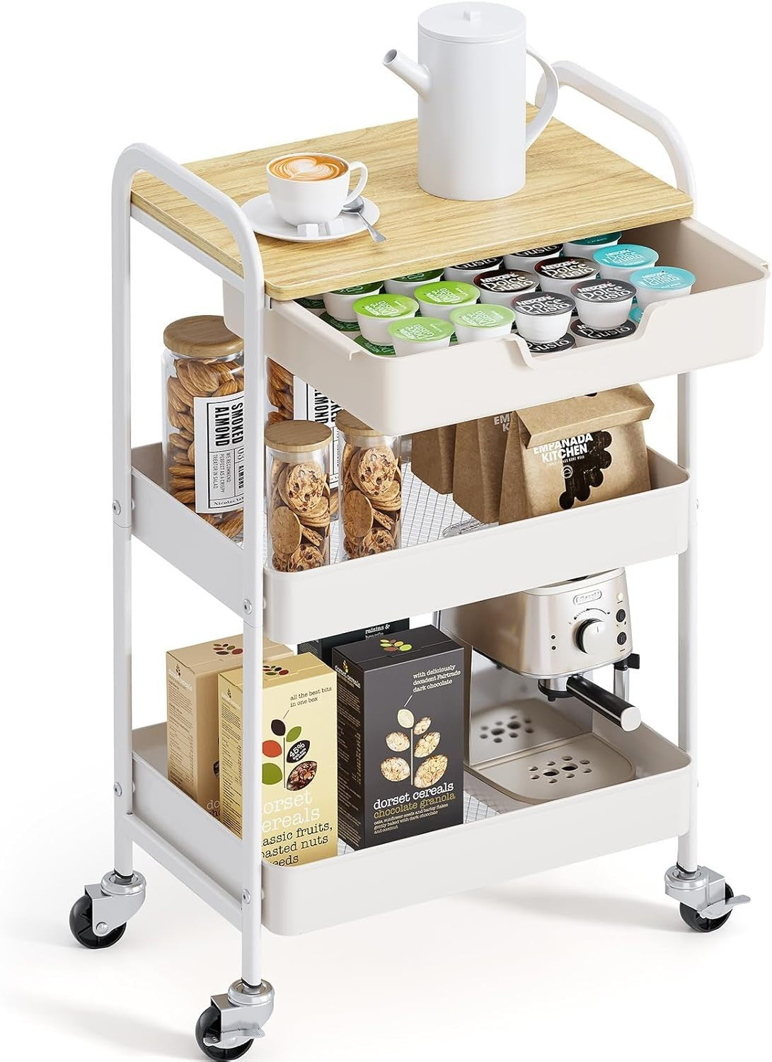 3 Tier Rolling Storage Trolley Cart Wooden Top Drawer Utility Organiser