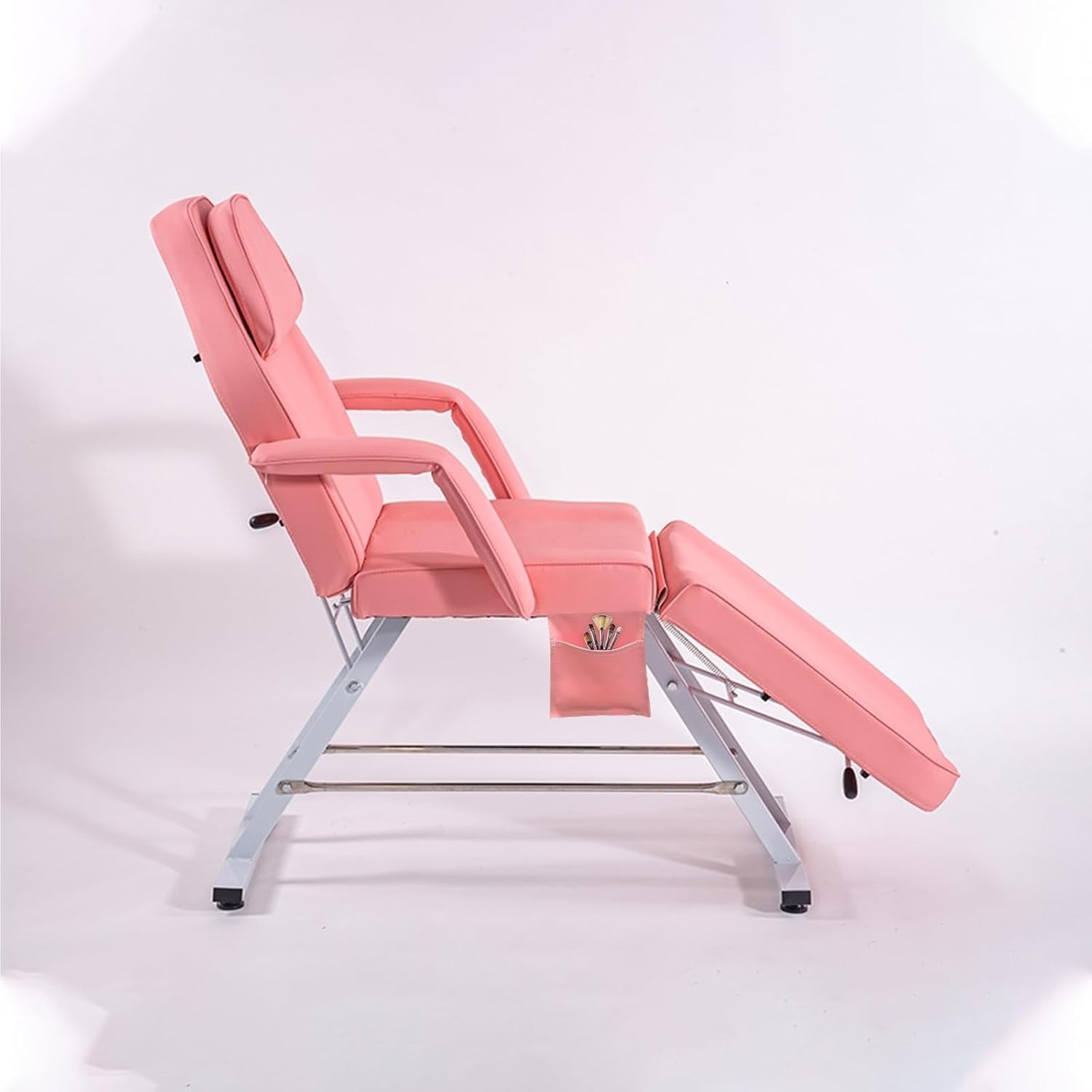 Adjustable 3-Section Beauty Massage Bed w/ Head Cushion & Swivel Stool Pink