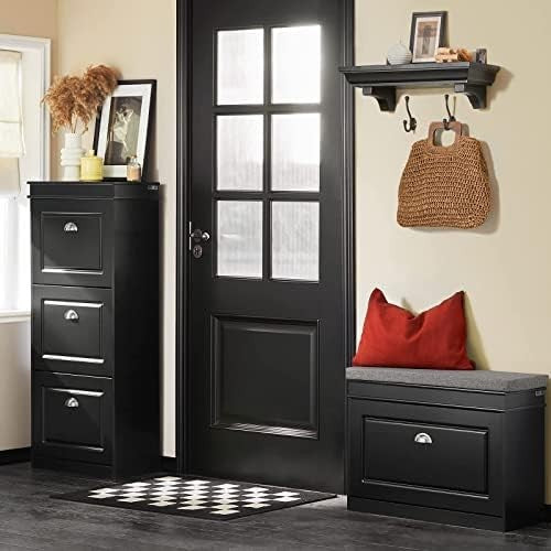 Black Shoe Storage Bench with Cushion & Flip Drawer – Slim Hallway Cabinet