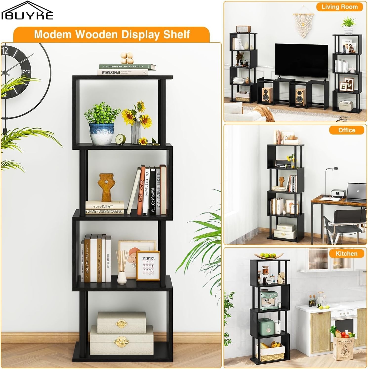 5 Tier S Shaped Bookcase Black Modern Wood Display Storage Shelf 155cm