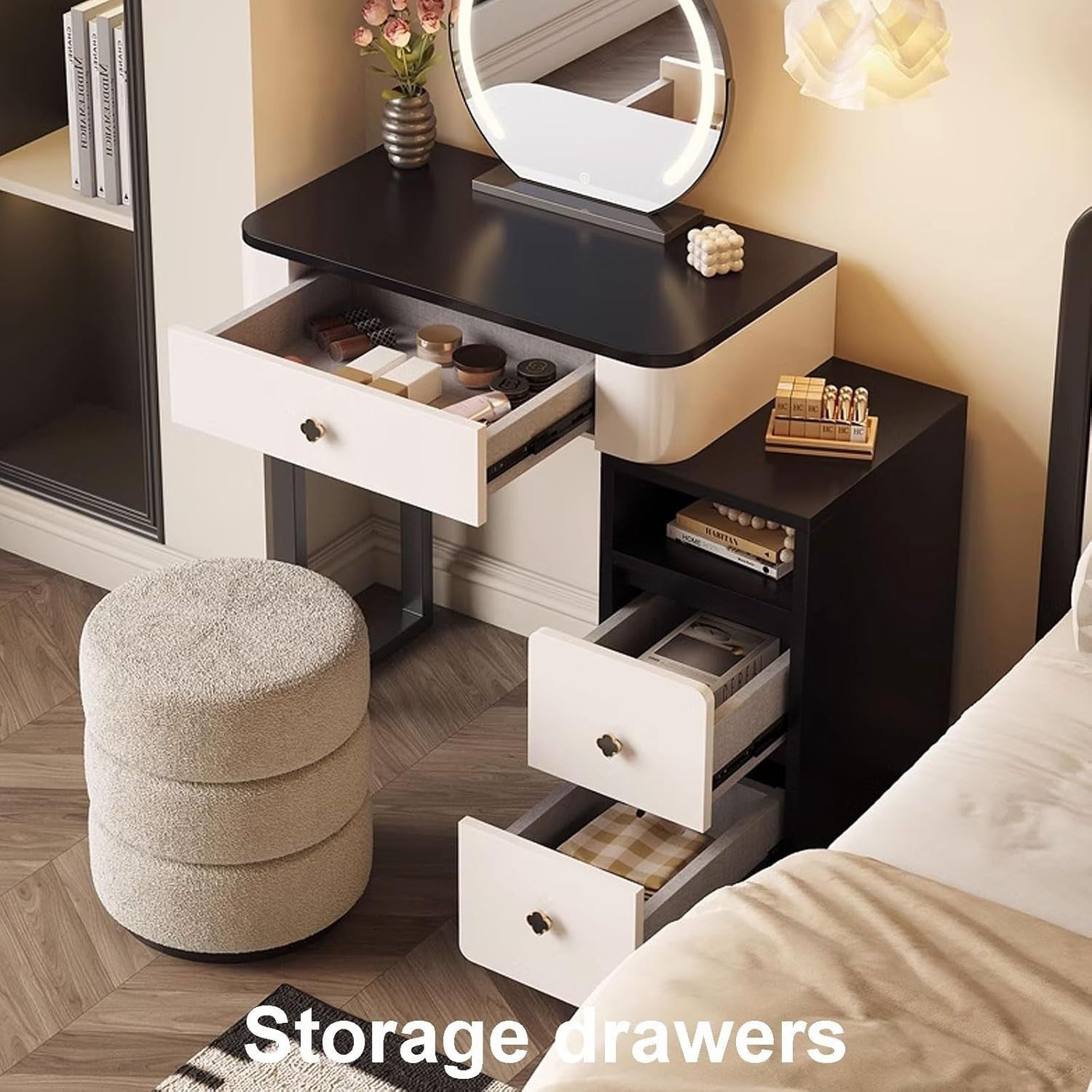 Makeup Vanity Desk with Mirror Lights Drawers Fluffy Stool Solid Wood Dresser