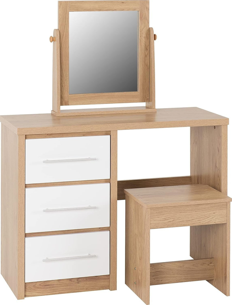 Modern Dressing Table White Gloss Light Oak Vanity Desk Mirror Stool 3 Drawers