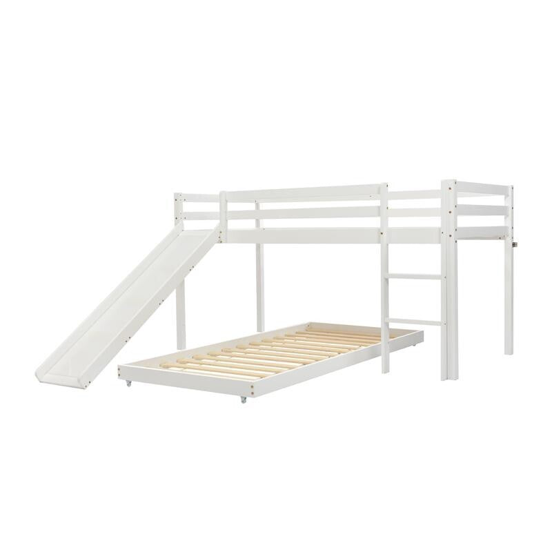 Kids Cabin Bunk Bed with Slide & Ladder Adjustable Wood Frame White 90x200