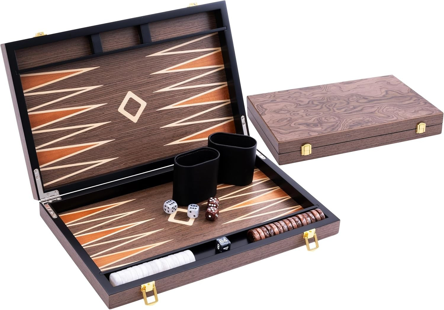 Deluxe 15in Wooden Backgammon Set Folding Luxury Board Game Travel Case