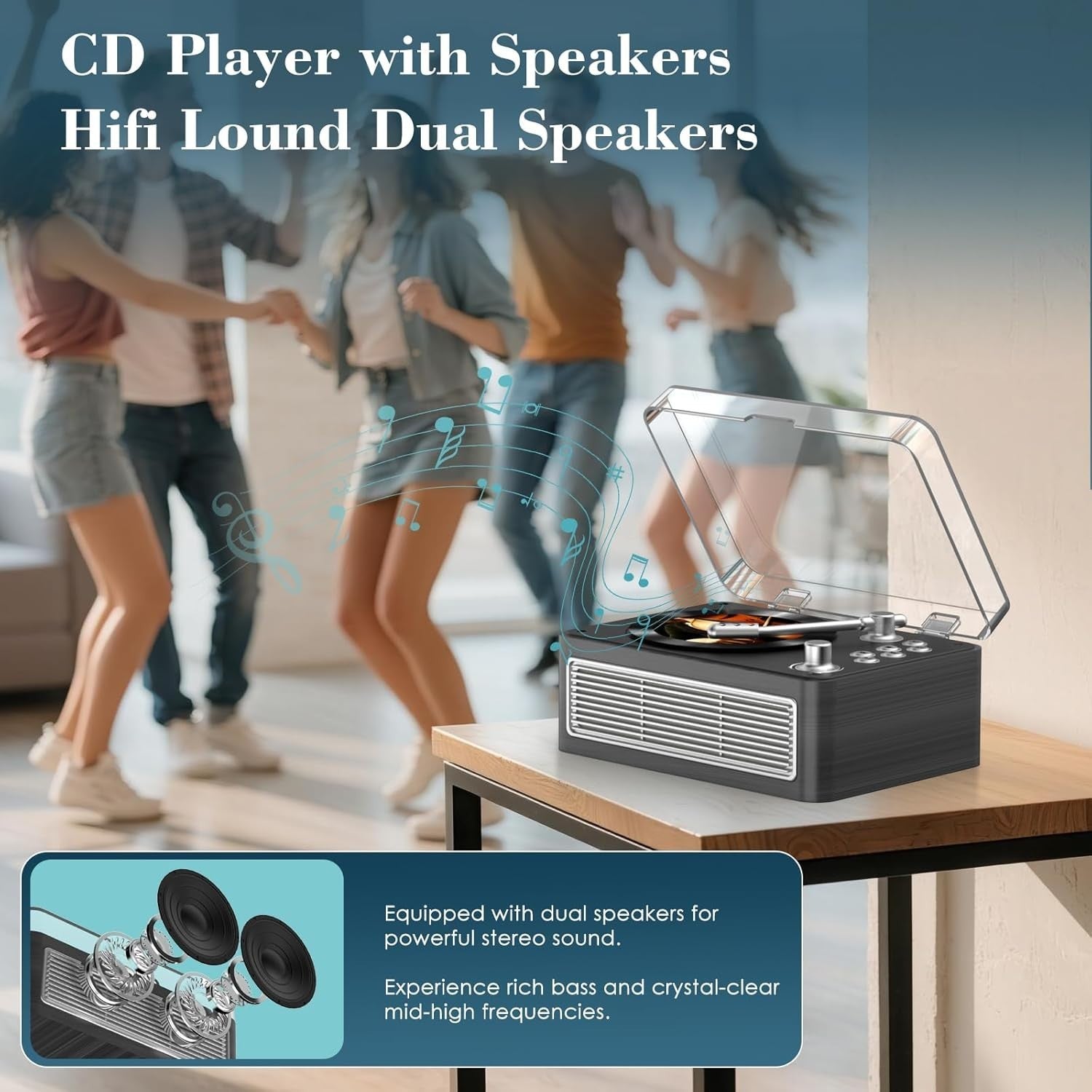 Retro Bluetooth CD Player FM Radio USB AUX HiFi Speakers Ebony
