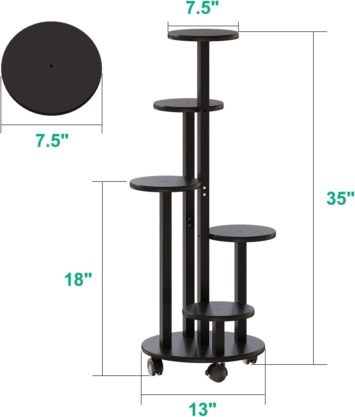5 Tier Black Bamboo Plant Stand with Wheels Indoor Outdoor Corner Flower Shelf