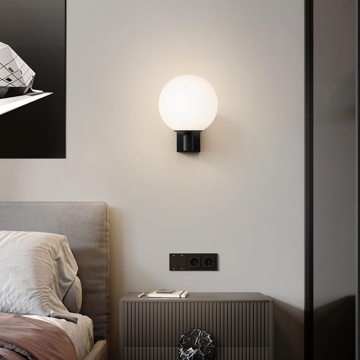 Minimalist Black Glass Globe Wall Light E27, Elegant Bedroom & Hallway