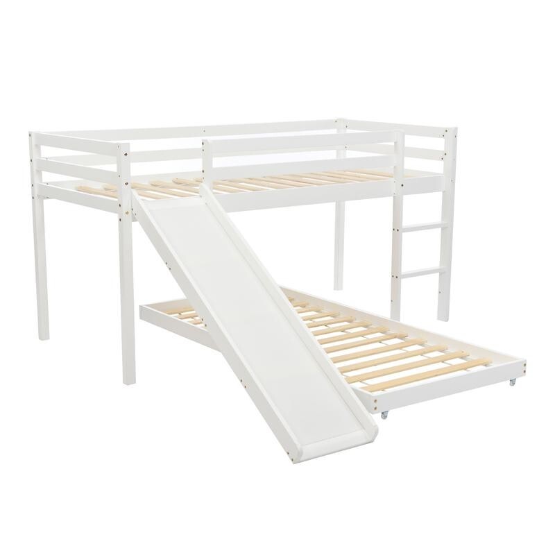 Kids Cabin Bunk Bed with Slide & Ladder Adjustable Wood Frame White 90x200