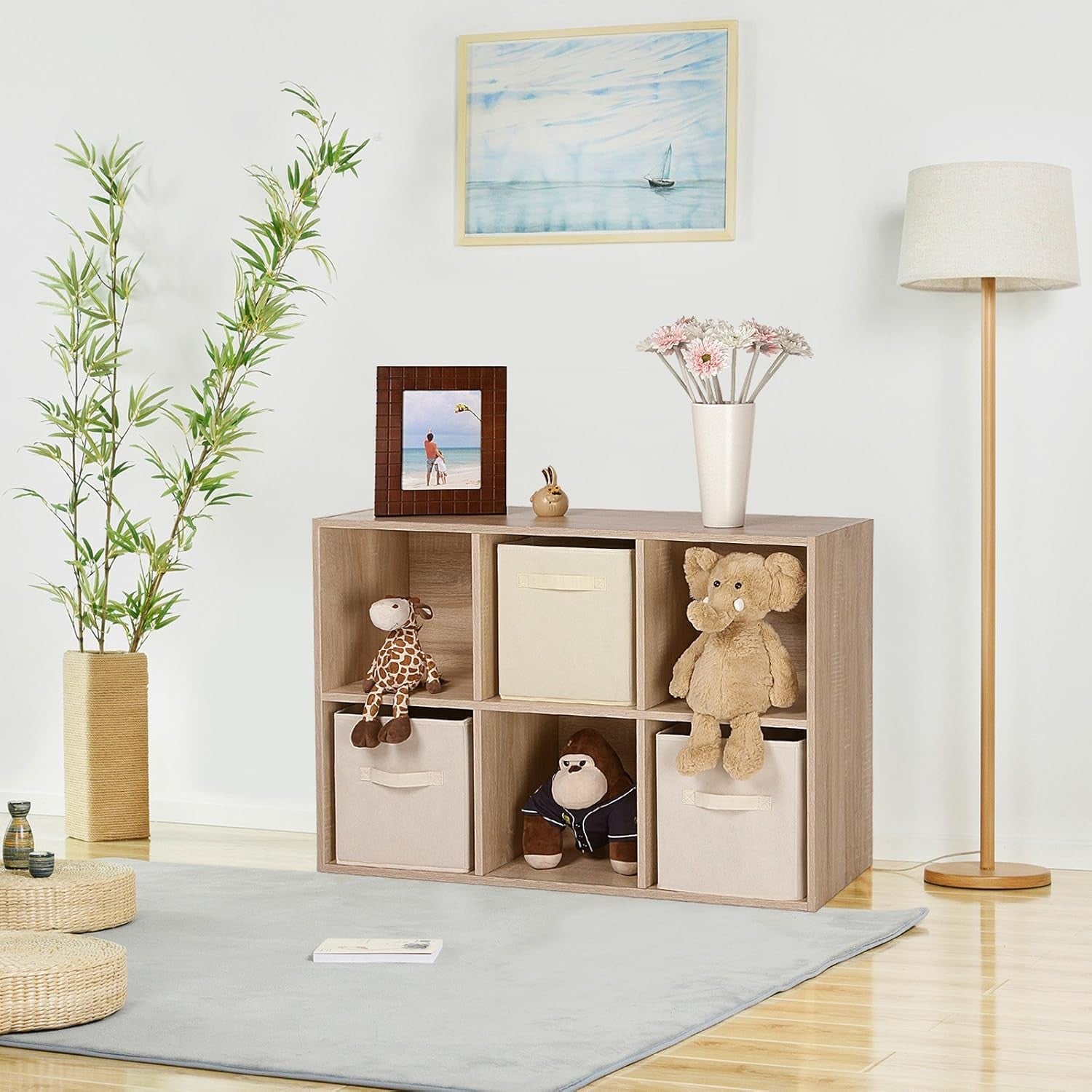 6-Compartment Oak Bookcase | Modern Cube Storage Shelf for Home Office Living Ro