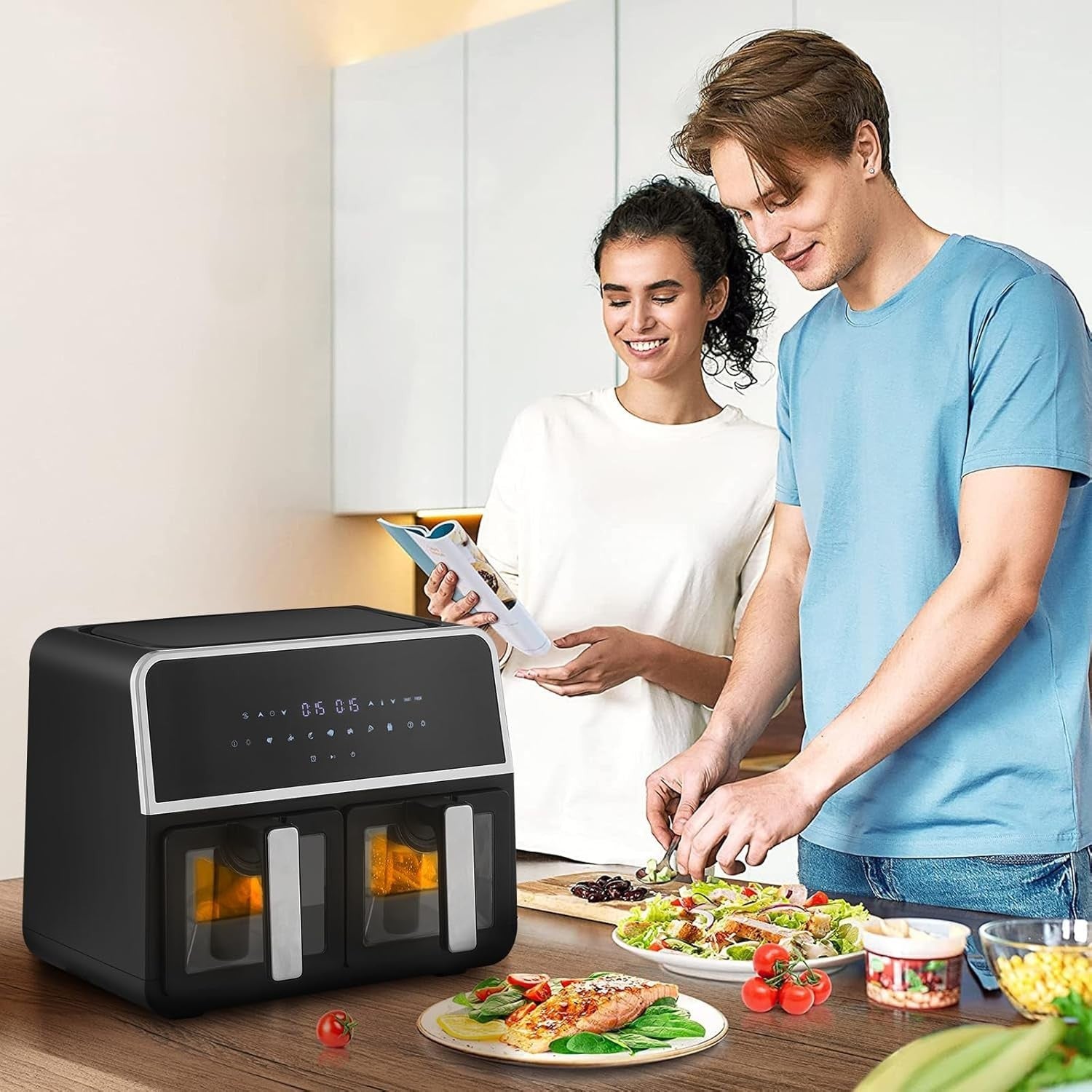 Dual Air Fryer 9L Double Basket 1700W Digital Two Zone Window